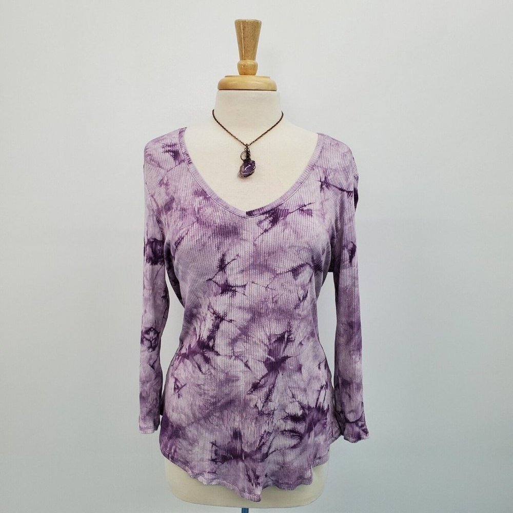 Simply Vera Vera Wang Womens Purple Ribbed Tie Dye‎ V-Neck Shirt Top Size Large